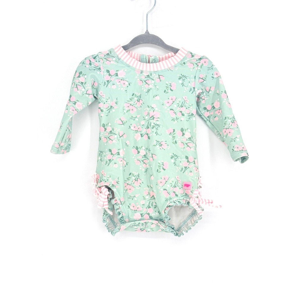 RuffleButts Baby Floral Rash Guard One Piece Swimsuit Cottagecore Size 6-12M